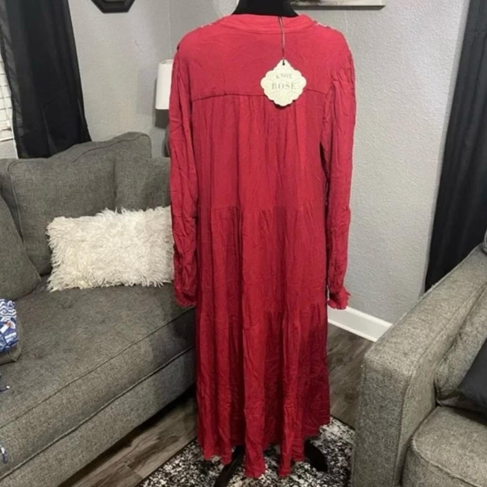 Knox Rose Rouge Embroidered Long Sleeve Red Dress with Pockets - Picture 4 of 4